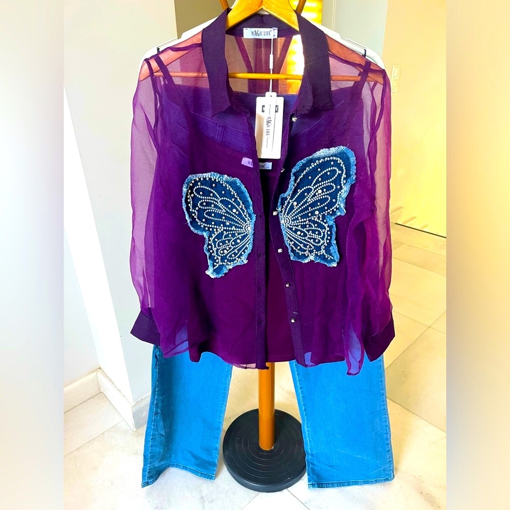 Miu Miu Sheer Purple Top with Blue Butterfly Embellishment and Jean pant set .